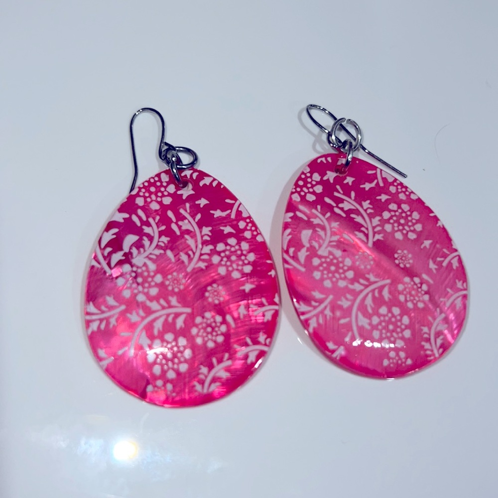 💓 Shiny pink with white contrast women teardrop jewelry earrings drop floral 💖